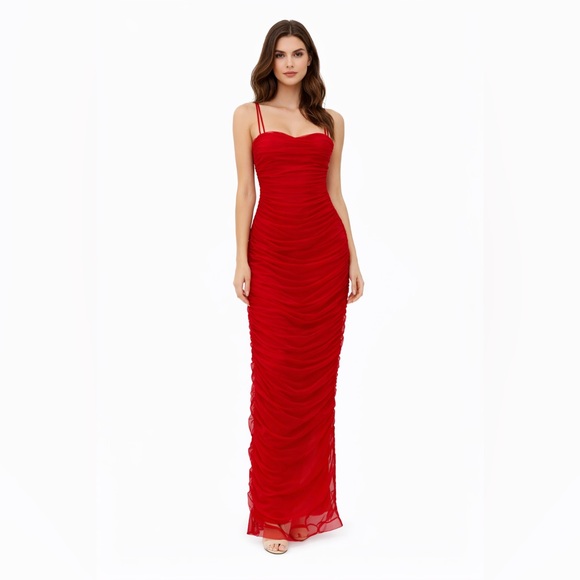 House Of CB Fornarina Red Ruched Bodycon Organza
Mesh Midi Dress with Side Slit - Picture 3 of 16